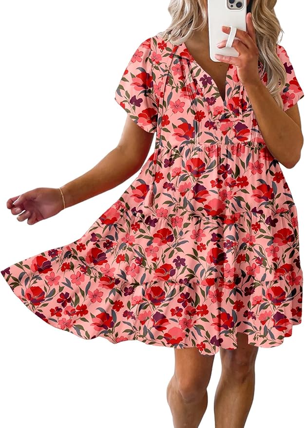 Dokotoo Boho Floral V Neck Short Sleeve A-Line Mini Dress